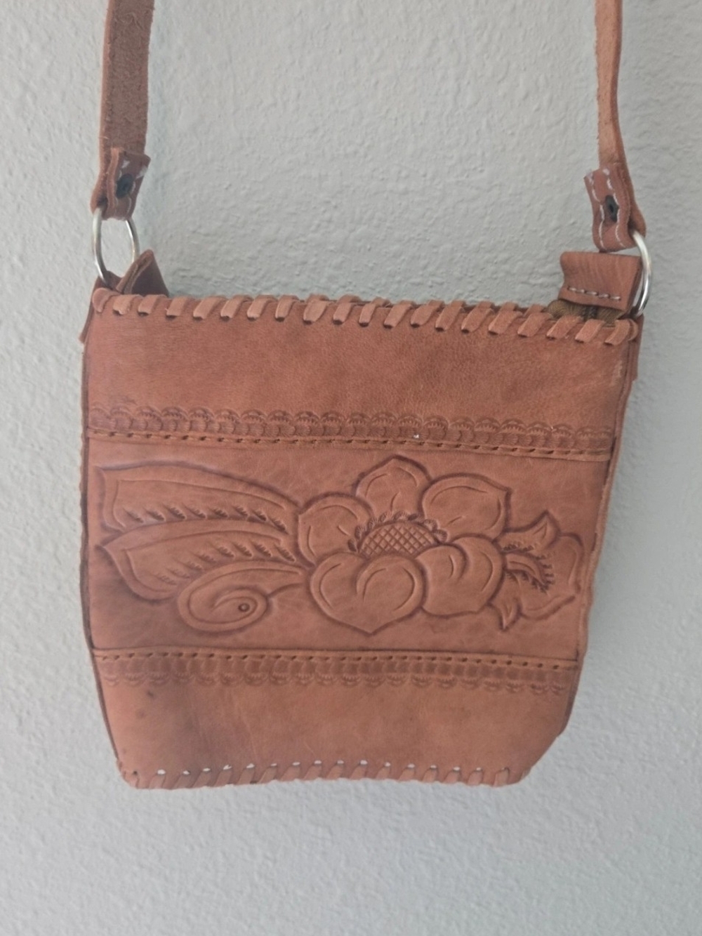 Hand-Tooled Floral Leather Crossbody Bag - Rustic Tan